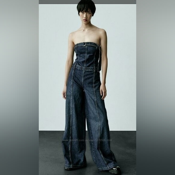 ZARA Strapless Wide-Leg Denim Jumpsuit NWT Size M